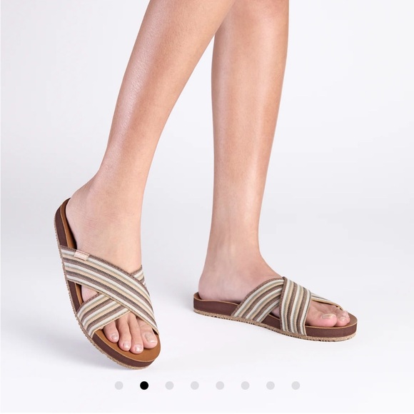 Tan and Cream Criss-Cross Slide Sandals - Picture 1 of 8